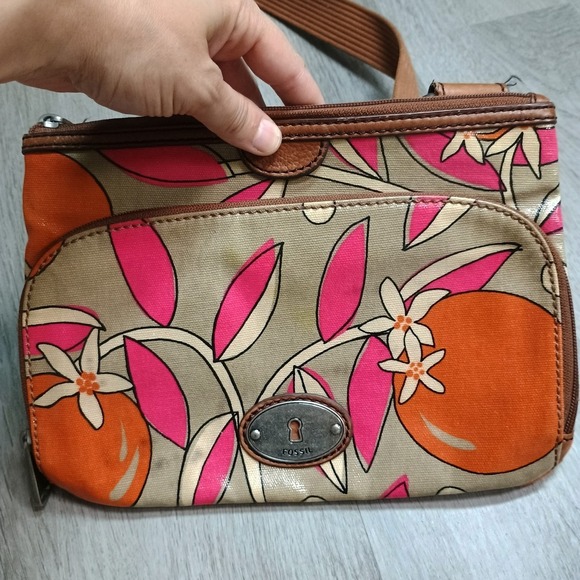 Fossil Orange Blossom Purse Shoulder Bag Floral * Flaws* - Picture 8 of 12